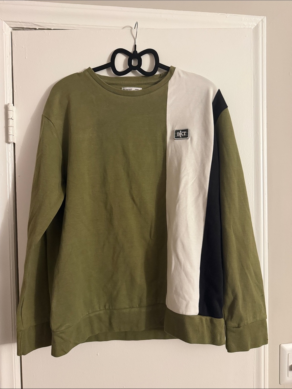 Olive Green Colorblock Crewneck Sweater with White & Black Panels